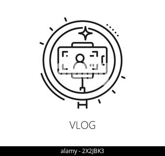 Contenu vidéo vlog et icône de blog de téléphone mobile et de la lumière de la caméra, symbole de ligne vectorielle. Icône de filmage de contenu vidéo de médias sociaux et d'enregistrement de flux en direct, monétisation numérique et affaires sur Internet Illustration de Vecteur