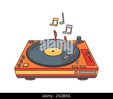 Lecteur de musique vinyle rétro groovy ou symbole hippie des années 70, vecteur de dessin animé. Lecteur de disque vinyle vintage groovy avec des notes arc-en-ciel, hippie funky et élément d'art de dessin animé de style des années 70 pour autocollant funky hipster Illustration de Vecteur