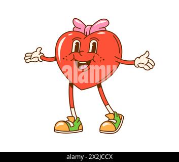 Dessin animé groovy valentine Girl coeur personnage. Mignon personnage rétro de coeur rouge girly avec visage souriant heureux et noeud ruban rose. Vecteur groovy hippie émoticône d'amour pur et de sentiments romantiques Illustration de Vecteur