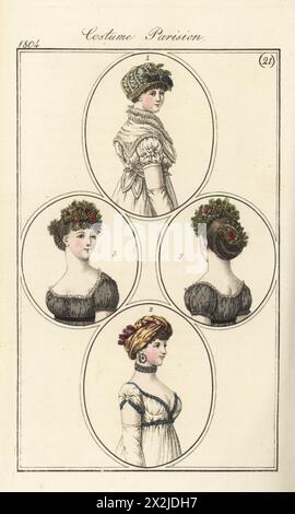 Coiffures et coiffures à la mode, 1804. Femme en chapeau de paille décoré, collier en dentelle et canezou 1, turban fantaisie 2, et chignon de cheveux avec fleurs 3. Chapeau de pallie garni, colerette en canezou 1 (PL. 550 dans l'édition parisienne), turban de fantaisie, robe garnie en torsades 2 (PL. 549). Gravure sur cuivre colorée à la main tirée du Journal des Dames et des modes de Pierre de la Messengere, Francfort sur le Mein (Francfort) 1804. D’après des illustrations de Carle Vernet, Jean-François Bosio, Dominique Bosio et Philibert Louis Debucourt. Banque D'Images