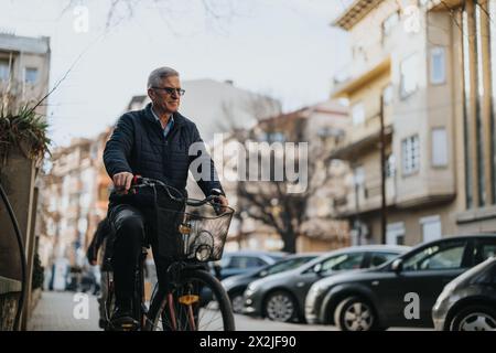 Cycliste masculin mature avec des lunettes souriant tout en faisant du vélo dans un cadre urbain, mettant en valeur un style de vie actif et les déplacements urbains. Banque D'Images