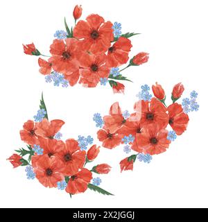 Coquelicots rouges et bouquets oubliés. Compositions de fleurs de jour de pavot. Illustration d'aquarelle dessinée à la main pour carte, bannières, événements commémoratifs, jour commémoratif américain, jour d'Anzac, prospectus, bannières, soldes Banque D'Images