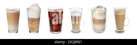 Ensemble de différentes boissons de café dans des tasses et des verres sur fond blanc Banque D'Images