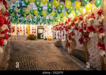 Festa dos Tabuleiros. À Tomar, Portugal. Rue dans le centre historique de la ville, décorée de bannières et de fleurs en papier. Banque D'Images