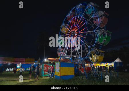 Une grande roue animée illumine la nuit lors d'une foire en plein air, entourée de palmiers et de stands de festival, avec les gens appréciant l'atmosphère festive Banque D'Images