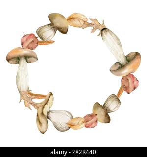 Couronne de champignon botanique de forêt. Cadre rond de champignon comestible dessiné à la main avec des feuilles colorées d'automne, champignons blancs, boletus. Clip art floral pour Banque D'Images