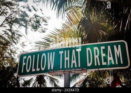 Un panneau de rue vert inspirant indiquant « Follow That Dream » sur fond tropical avec des palmiers, symbolisant la motivation et l'aspiration. Banque D'Images