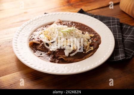 Enfrijoladas. Tortillas de maïs trempées dans de la sauce aux haricots, recouvertes de crème et de fromage, elles peuvent être recouvertes ou fourrées de viande de poulet, de fromage ou d'avoine Banque D'Images