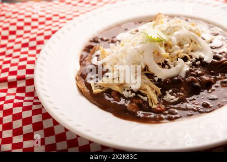 Enfrijoladas. Tortillas de maïs trempées dans de la sauce aux haricots, recouvertes de crème et de fromage, elles peuvent être recouvertes ou fourrées de viande de poulet, de fromage ou d'avoine Banque D'Images