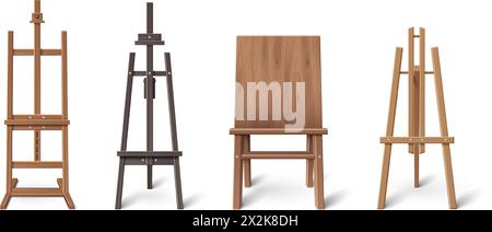 Ensemble 3D de chevalet en bois se dresse isolé sur fond blanc. Illustration réaliste vectorielle de maquette de trépied en bois noir et brun pour toile, vue de face, studio d'art ou éléments de conception d'école de peinture Illustration de Vecteur