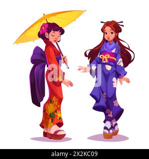 Geisha en kimono japonais. Robe de fille traditionnelle au Japon. Beau costume asiatique. Personnage féminin portant un style national oriental avec parapluie isolé design set. Jolie dame pour le kabuki Illustration de Vecteur