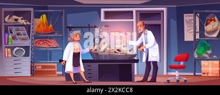 Fossile de dinosaure dans le dessin animé de la salle de laboratoire scientifique. Paléontologue homme et professeur femme recherche et examiner les preuves scientifiques sur le bureau avec lampe et loupe. Intérieur du lieu de paléontologie universitaire Illustration de Vecteur