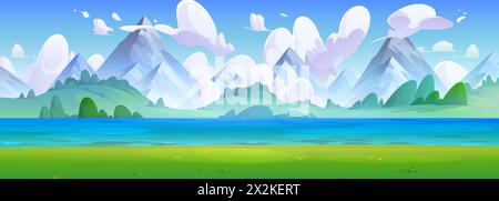 Paysage de jour d'été avec rivière ou lac au pied de hautes montagnes rocheuses. Illustration vectorielle de dessin animé de paysages ensoleillés avec de l'herbe verte et des buissons sur les rives de l'étang près des collines, ciel bleu avec des nuages. Illustration de Vecteur