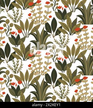 Conception de surface vectorielle avec des plantes dessinées à la main plates avec des fleurs sur fond blanc. Modèle sans couture avec buissons. Texture avec diverses feuilles Illustration de Vecteur
