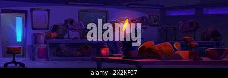 Salle de laboratoire archéologue et fossile sur le bureau le fond de bande dessinée de nuit. Crâne de dinosaure en laboratoire paléontologue intérieur à la recherche. Musée d'histoire ou cabinet d'explorateur d'université scientifique Illustration de Vecteur