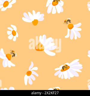 Motif d'été Marguerite abeille fond jaune. Motif sans couture décoratif fleurs blanches d'insecte. Illustration vectorielle de modèle de carte postale carrée Illustration de Vecteur