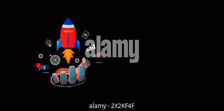 Robot à main tenant des icônes sur les affaires et l'investissement, décollage fulgurant avec une vitesse de lancement ciblée, Strategy for Success & Growth Acceleration co Banque D'Images