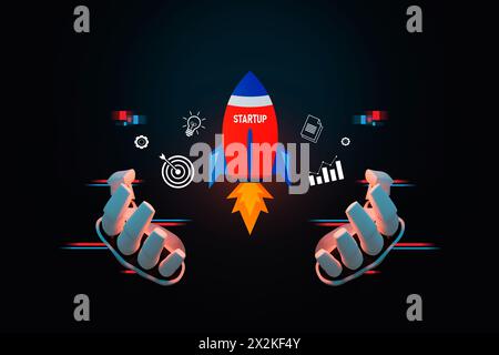 Robot à main tenant des icônes sur les affaires et l'investissement, décollage fulgurant avec une vitesse de lancement ciblée, Strategy for Success & Growth Acceleration co Banque D'Images