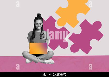 Croquis image composite tendance art 3D collage photo de silhouette jeune femme travailleuse tenir ordinateur portable slove puzzle pensée créative Banque D'Images
