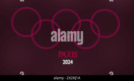 Anneaux roses néon Olympiques dans une illustration de fond sombre. Logo au néon Paris 2024. Banque D'Images