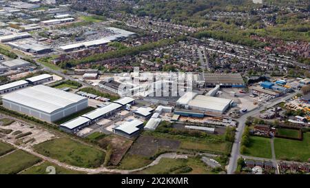 Vue aérienne de Cereal Partners UK et de l'industrie du pther à Bromborough, Birkenhead, Wirral, Royaume-Uni Banque D'Images