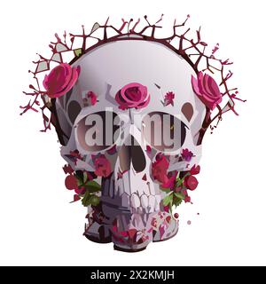 Crâne avec roses et couronne d'épines. Illustration vectorielle. Illustration de Vecteur