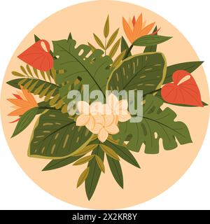 Composition ronde tropicale avec des feuilles vertes de palmier, ficus, monstera et fleurs Illustration de Vecteur