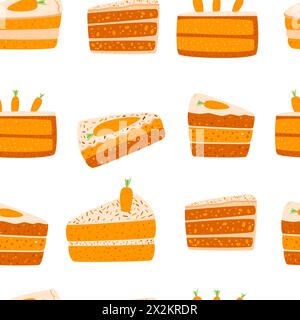 Motif sans couture de gâteaux de carotte. Tranches de dessert de pâtisserie avec fond sans fin de crème. Illustration de couverture de répétition plate de pie vectorielle. Illustration de Vecteur