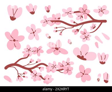 Rameau d'arbre Sakura et fleurs ensemble. Composition florale. Collection d'éléments simples de fleur de cerisier japonais isolé sur fond blanc. Vecteur plat h Illustration de Vecteur