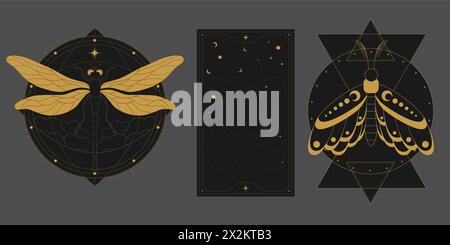 Vecteur mystique ensemble céleste a avec des insectes de contour doré, mites, libellules, étoiles, croissants et phases de lune. ETIQUETTES linéaires occultes noires brillantes avec un Illustration de Vecteur