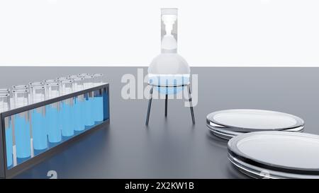 rendu 3d des articles en verre de laboratoire ; tubes à essai, boîte de pétri et fiole jaugée Banque D'Images