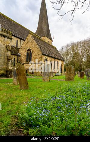 Le cimetière aux pierres tombales et aux fleurs oubliées au restaurant Mary's Church (1247) dans la ville historique de Horsham dans le Sussex de l'Ouest, en Angleterre. Banque D'Images