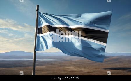 Die Fahne von Botswana flattert im Wind, isoliert gegen blauer Himmel Banque D'Images