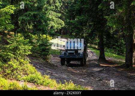 Vieux 4x4 rétro rétro sur une route de terre en gravier en été. Voiture hors route montagne safari aventure nature voyage concept. Banque D'Images