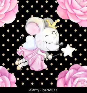 Motif sans couture dessin animé aquarelle princesse dent de fée. Souris avec couronne. Roses et fond de pois dorés Banque D'Images