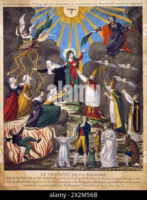 Le Triomphe de la religion - illustration montre le pape Pie VII, le cardinal Caprara, et d'autres membres du clergé cherchant à recevoir l'esprit de lumière des rayons bénéfiques émanant d'une colombe au centre supérieur - c 1802 Banque D'Images