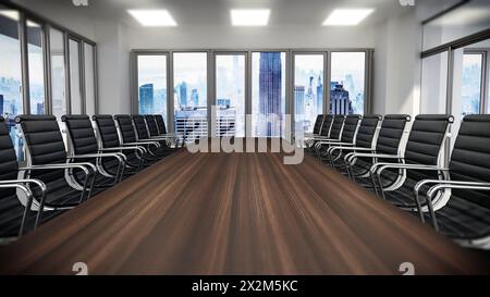 Table de réunion et chaises de bureau à l'intérieur de la salle de réunion. 3D illustration. Banque D'Images