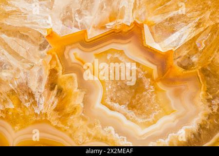 Image en gros plan présentant les magnifiques motifs naturels et les bandes d'une tranche d'agate brésilienne polie aux tons ambre et cristal chauds. Banque D'Images