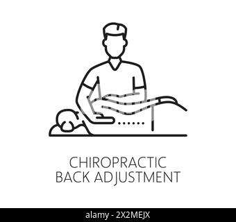 Icône de ligne de médecine chiropratique de l'ajustement du dos ou de la thérapie de la colonne vertébrale, pictogramme de ligne vectorielle. Traitement médical chiropratique et physiothérapie orthopédique corporelle icône de mauvais ajustement de la posture du dos Illustration de Vecteur