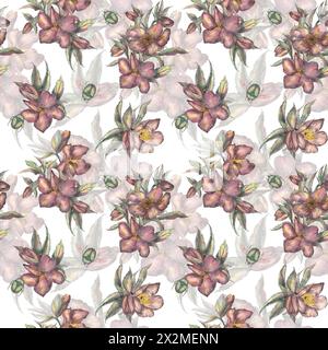 Modèle sans couture de fleurs de printemps faites à l'aquarelle sur un fond blanc. Hellebore, rose d'hiver. Clipart. Une illustration botanique dessinée à la main en R Banque D'Images