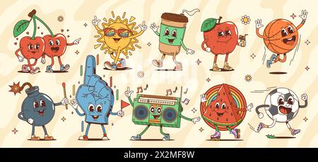 Personnages groovy de dessins animés, cerise et pomme, pastèque et bombe, balles de football et de basket-ball, tasse à café et soleil, gant de ventilateur et magnétophone. Personnages funky vectoriels dans le style de dessin animé vintage hippie Illustration de Vecteur