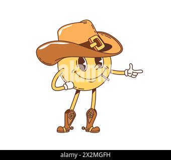 Dessin animé Western Cowboy sourire groovy personnage. Rétro drôle émoticône vecteur personnage de Wild West Texas bandit avec chapeau de cow-boy et bottes mâchant cure-dents. Emoji sourire de cow-boy jaune montrant un pistolet à doigt Illustration de Vecteur