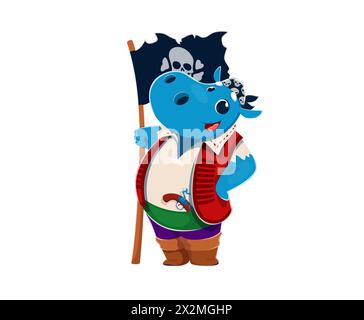 Personnage de pirate animal hippopotame de dessin animé ou marin corsaire avec drapeau, personnage vectoriel. Hippopotame drôle en bandana pirate avec drapeau Jolly Roger et fusil mousquet pour le personnage de pirate caribéen Kid Illustration de Vecteur