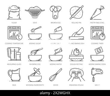 Icônes de boulangerie et de pâtisserie maison, symboles de cuisine et pictogramme vectoriel pour la préparation de recettes. Pâte à pain maison ou pâtisserie de boulangerie et ingrédients alimentaires de farine et instructions pour le processus de cuisson à la maison Illustration de Vecteur