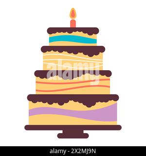 Gâteau d'anniversaire sucré avec bougie allumée. Dessert coloré des fêtes. Fond de célébration de vecteur. Illustration de Vecteur