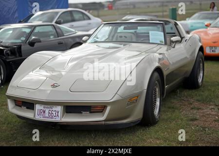 Vue de trois quarts de face d'une Corvette Gold, 1982, C3, de Chevrolet, exposée au salon de l'automobile britannique de 2023 Banque D'Images