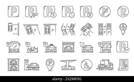Service automatique de garage et icônes de ligne de stationnement, parking et voiturier de véhicule, symboles linéaires vectoriels. Icônes de parking et panneaux pour garage automatisé 24 heures, vélo et accès handicapés au parking Illustration de Vecteur