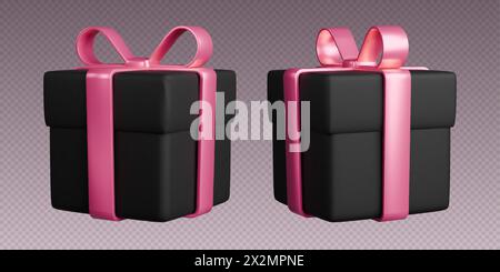 Boîtes cadeaux avec rubans, boîtes noires 3D réalistes avec des noeuds roses. Illustration de Vecteur