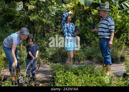 Jardinage avec des enfants. Les grands-parents avec leur fille et leur petit-fils latino-américain travaillent dans leur jardin. Hobbies et loisirs, style de vie, famil Banque D'Images