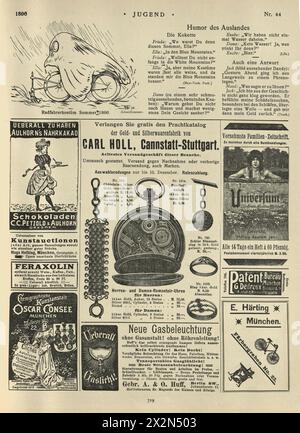 Ancienne page de journaux allemands, publicités de magazines, dessins animés, années 1890 19ème siècle Banque D'Images